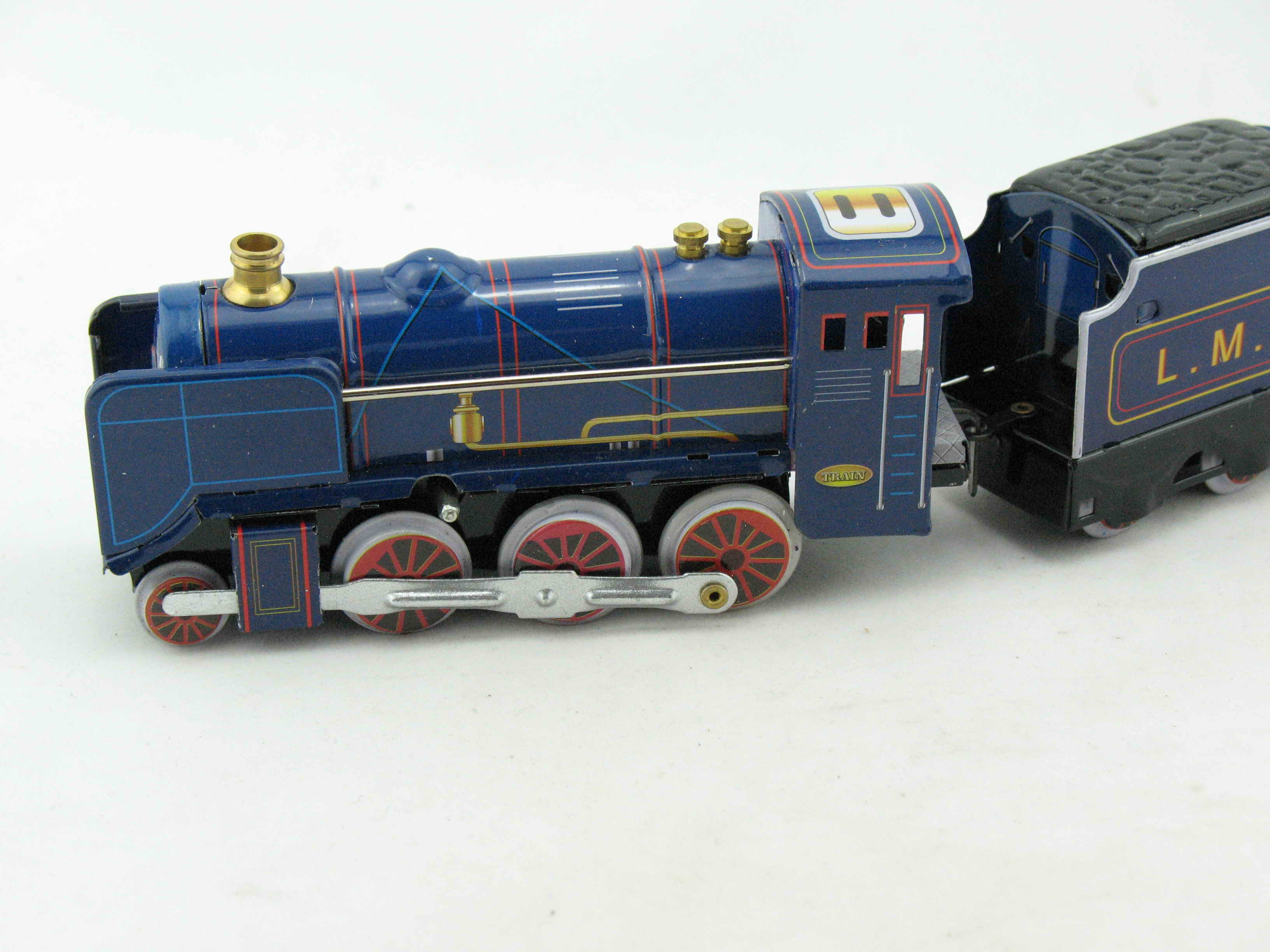 Blechspielzeug - Dampflok mit Tender und Personenwagen blau