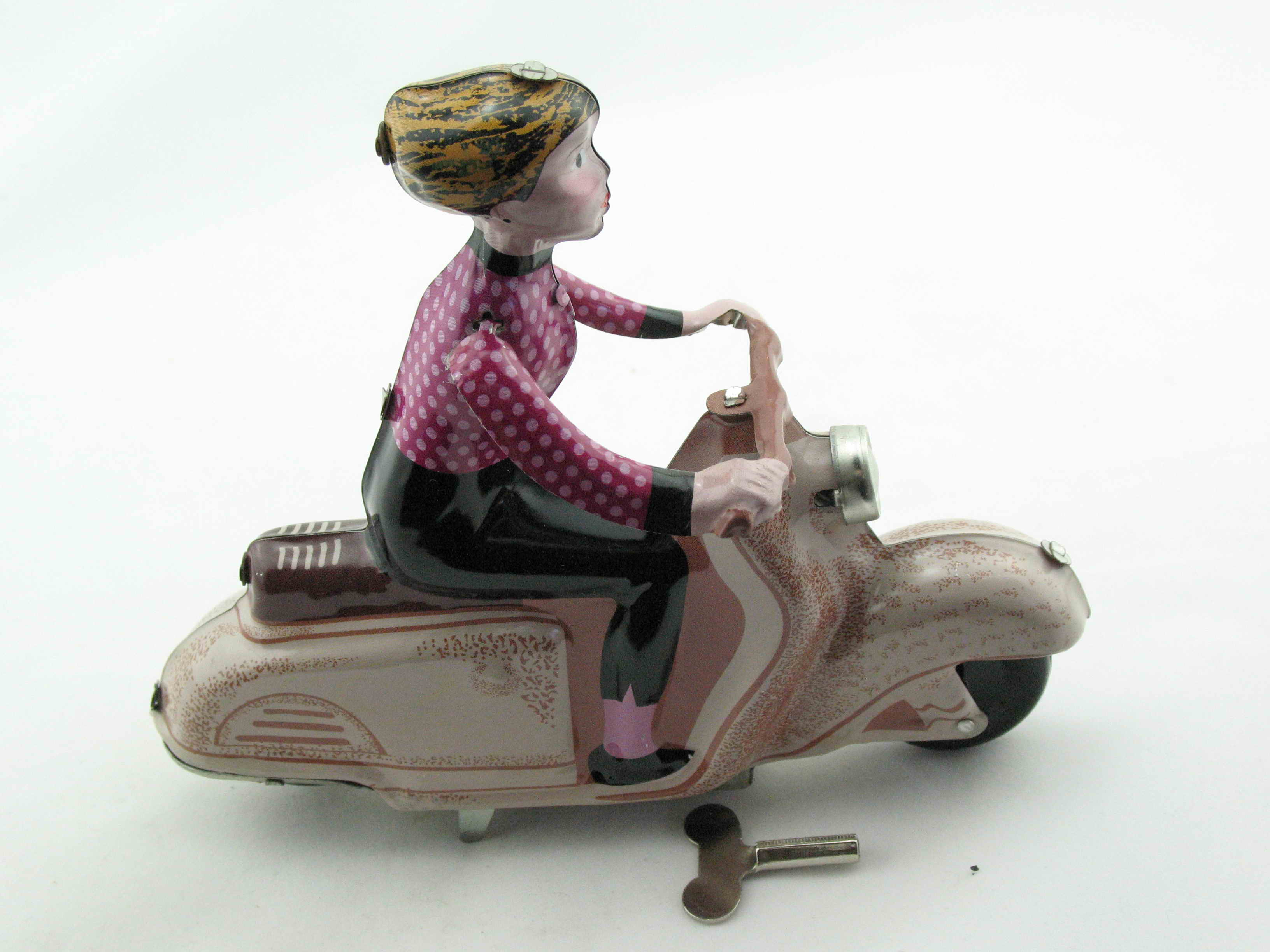 Blechspielzeug - Motorrad Scooter Girl auf Motorroller, braun-rosa