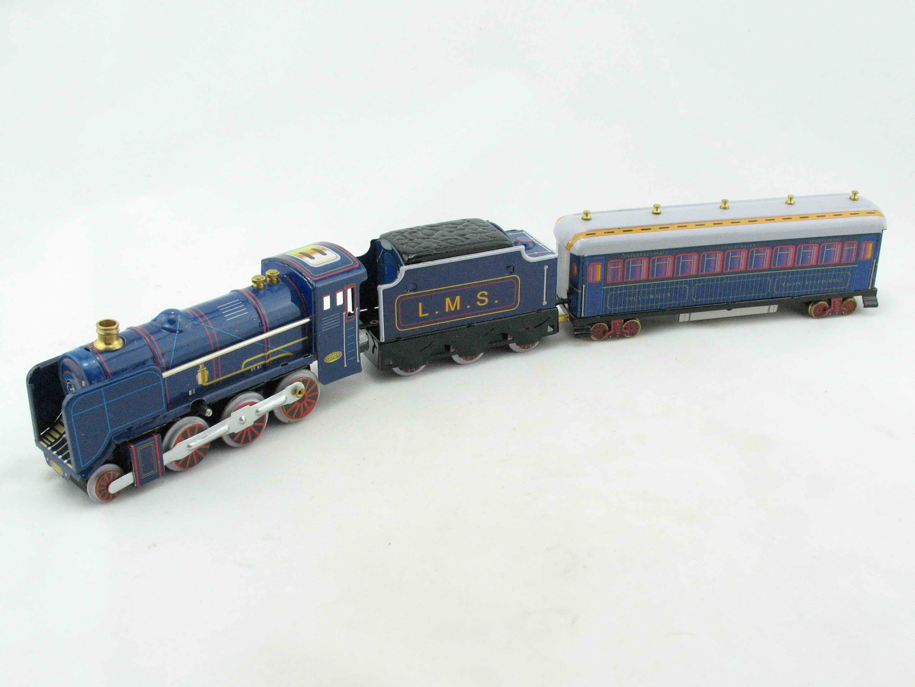 Blechspielzeug - Dampflok mit Tender und Personenwagen blau