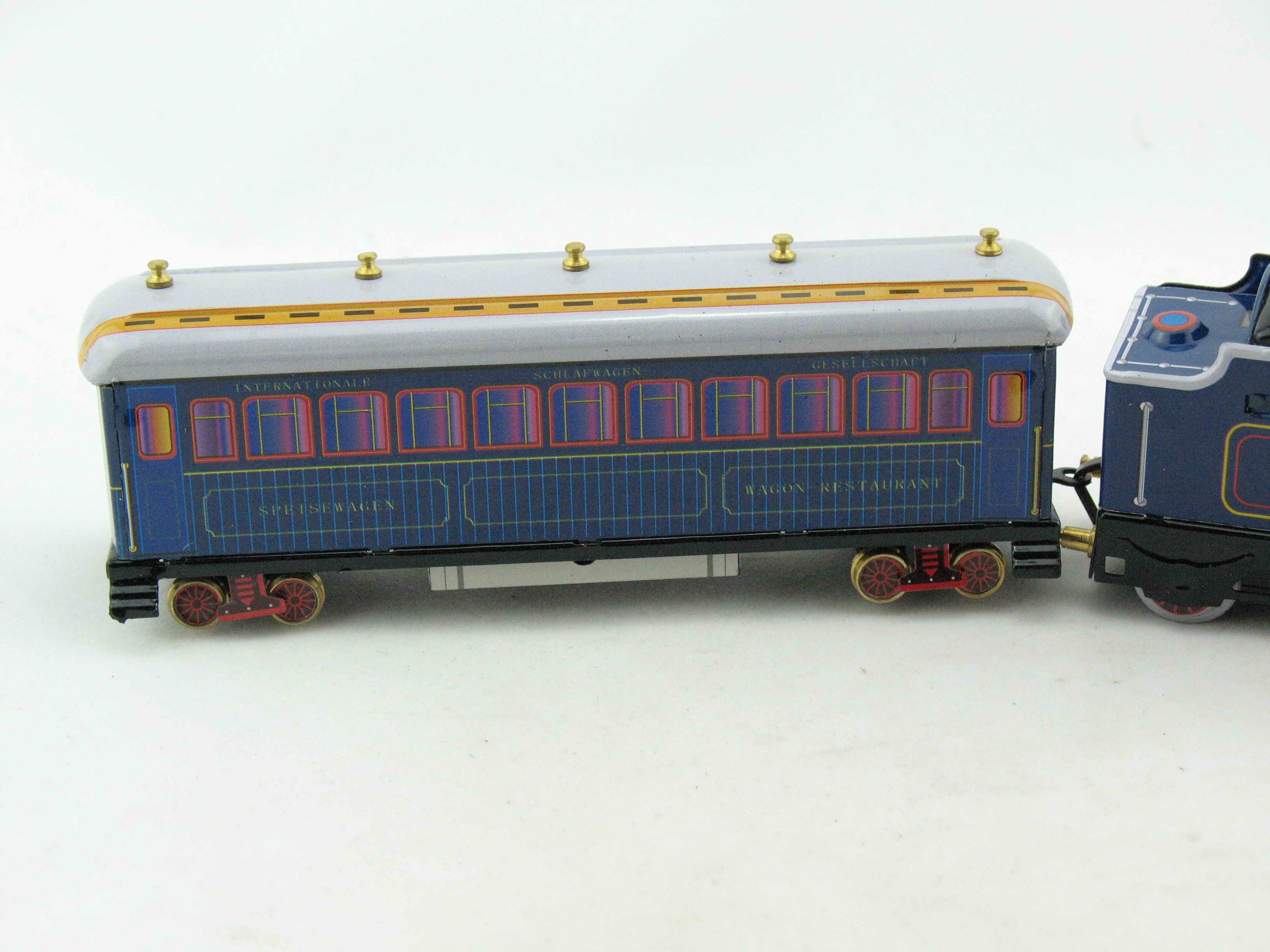 Blechspielzeug - Dampflok mit Tender und Personenwagen blau